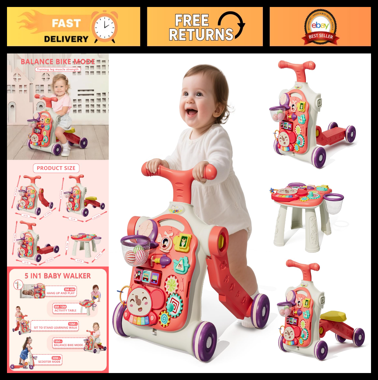 5-5 in-1 Baby Walker Activity Center Sit-to-Stand Toy