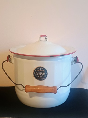 Vintage Combinet Enamalware Diaper Pail Baby Nursery Red Trim Exc. Condition
