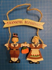 Wooden Thanksgiving Pilgrim Couple Hanging Decoration Fall Decor Autumn