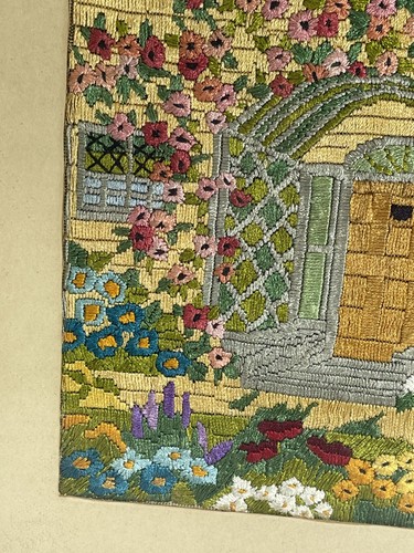 Vintage Finished Crewel Embroidery Cottage Door Gate Floral Framed 15”x12” - Picture 2 of 10