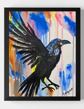 GUAJARDO Original Neo Expressionism Colorful  Rare Raven 14X11 Canvas Signed Art