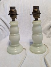 Pair Onyx Stone Table Lamps Green Alabaster Bedside Lamps Heavy Vintage Style