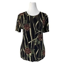 Vintage  90s Western Connection Black  Gold Floral Print Short Sleeve Blouse