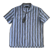BANANA REPUBLIC Men’s Resort Shirt Blue Striped Linen Short Sleeve Beach Large