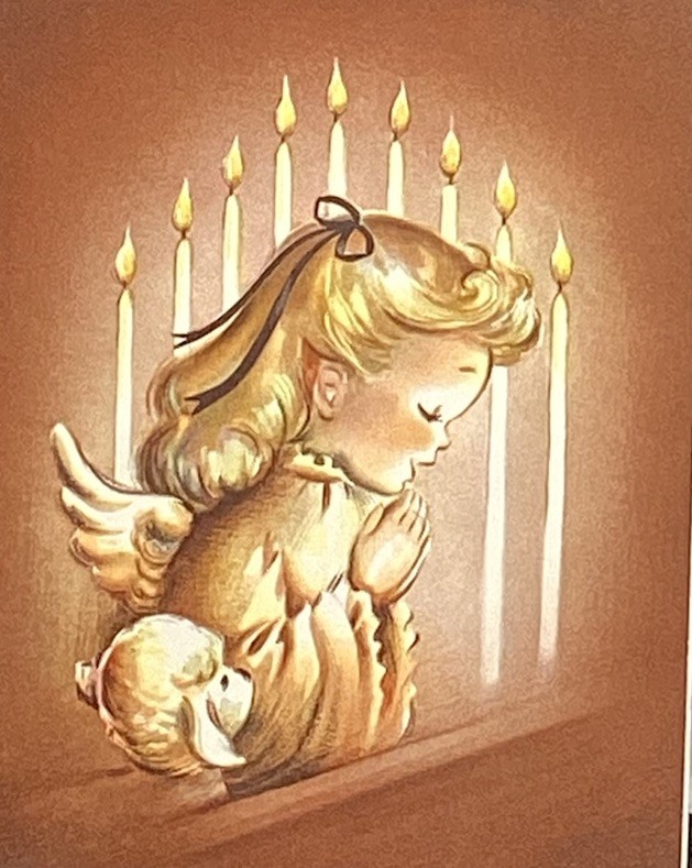 Girl Angel Praying with Lamb Candles Brown Vintage Christmas Card