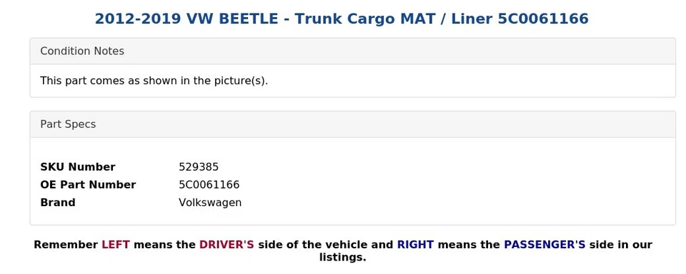 2012-2019 VW BEETLE - Trunk Cargo MAT / Liner 5C0061166 - Image 3 of 4
