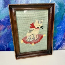 Cat Needlepoint Wall Art Cross Stitch Vintage Framed Cottagecore Needlework