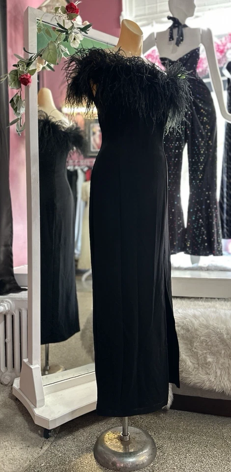 Maxi Vestido Vintage Años 90 Bordado de Plumas Negro Sin Mangas Formal Noche XS/S Foto 4 de 4
