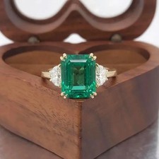 Emerald Cut Simulated Emerald Three Stone Ring 14K Yellow Gold Plated