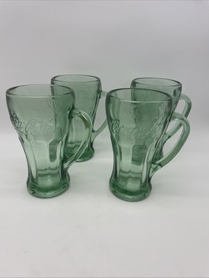 Vintage Coca Cola Green Glass Handle Mugs Set of 4 Embossed Coke Cups Collector