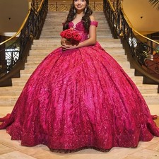 Rose Red Quinceanera Dresses Shiny Lace Sequins Applique Prom Ball Gown Sweet 16