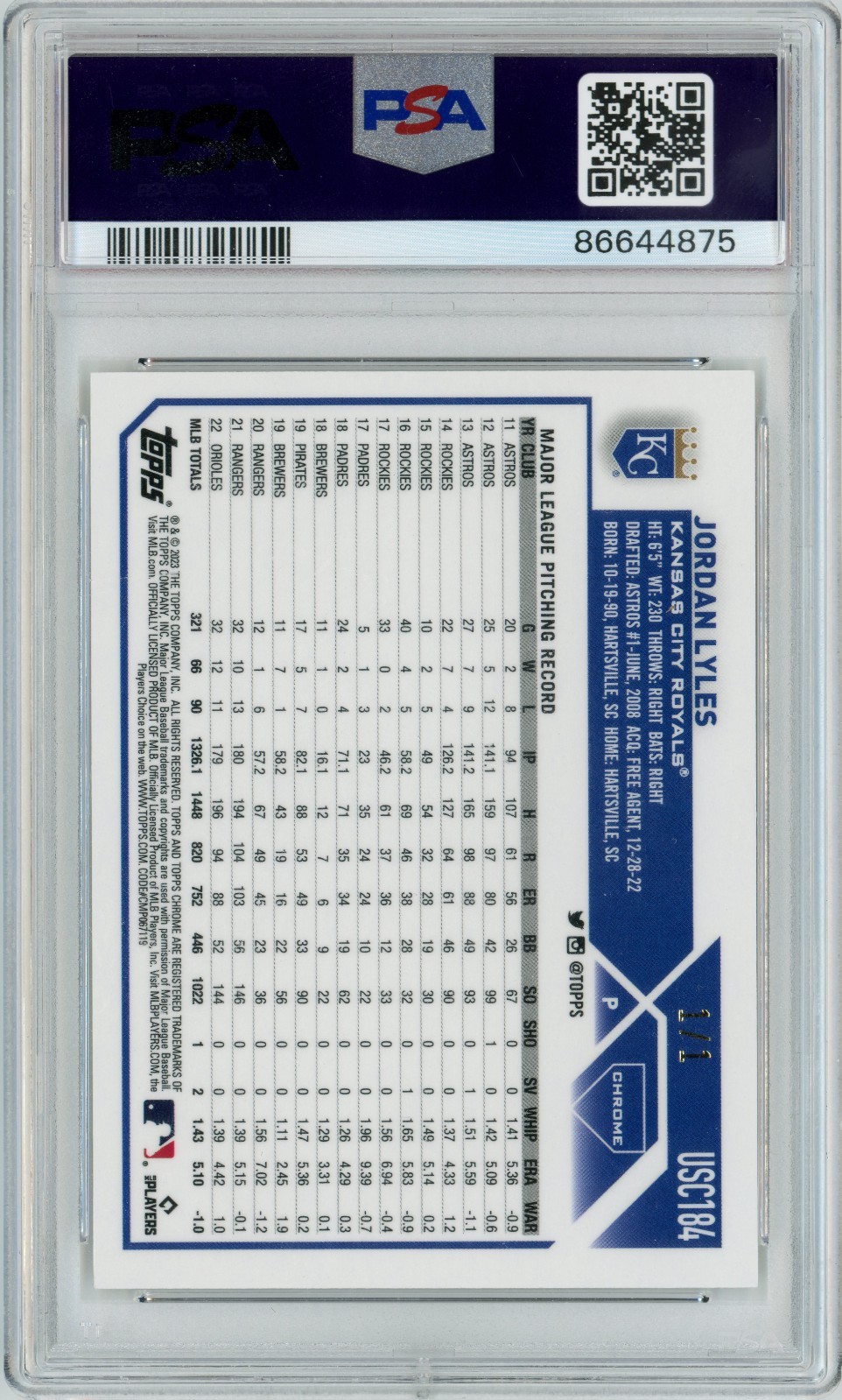 2023 Topps Chrome Update Jordan Lyles Superfractor 1/1 PSA 9 Royals USC184 MLB view 2