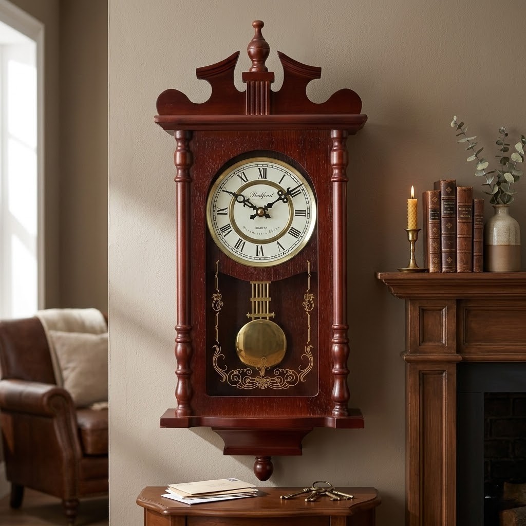 Bedford 25" Wall Clock with Pendulum Chime Dark Redwood Oak Finish Classic New