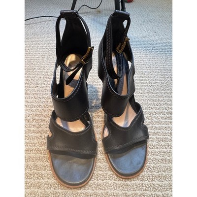 Alexander McQueen Black Leather Wood Gold Architectural Heel Sandals Size 40