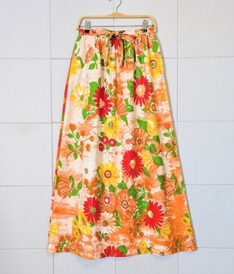 Vtg 70s Summit of Boston Floral Midi Maxi Skirt Orange Boho Retro Size S/M