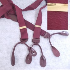ENGLISH SUSPENDERS BURGUNDY SILK JACQUARD BRASS W/ LEATHER TABS BRACES