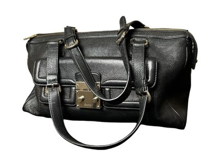 VTG DKNY Leather Baguette Shoulder Bag Black Gold 14x8 Donna Karan Zip Handbag