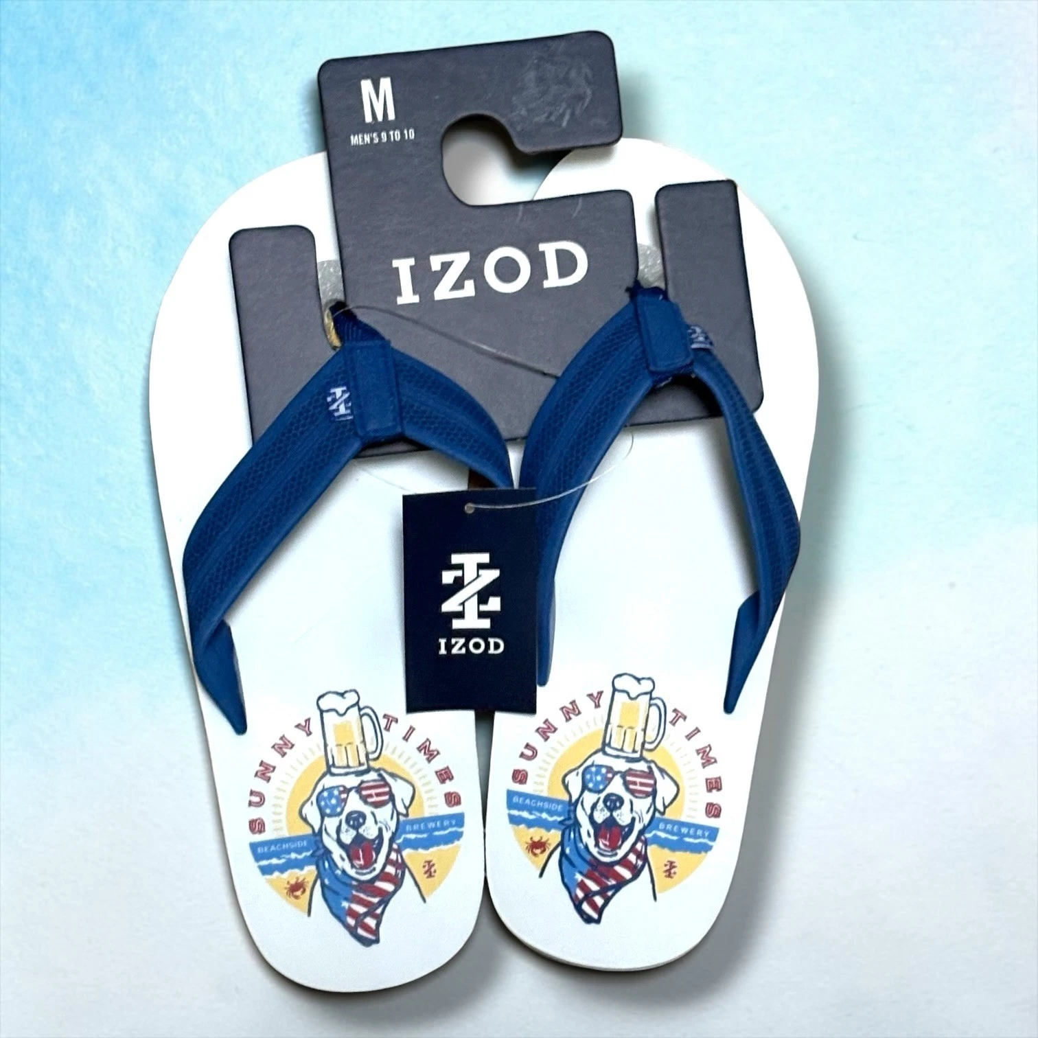 IZOD Mens Sunny Times Beachside Brewery Dog Flip Flops Blue White Size M 9-10