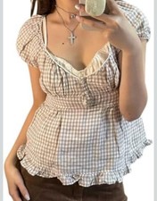 Brandy Melville Women's OS Top Gingham Ruffle Hem Babydoll Linen Cottage Core