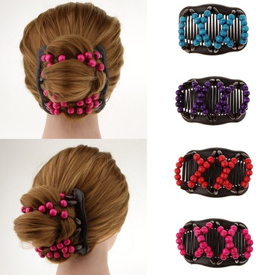 4pcs Wood Beads Easy Bun Makers Comb Hair Styling Double Slide