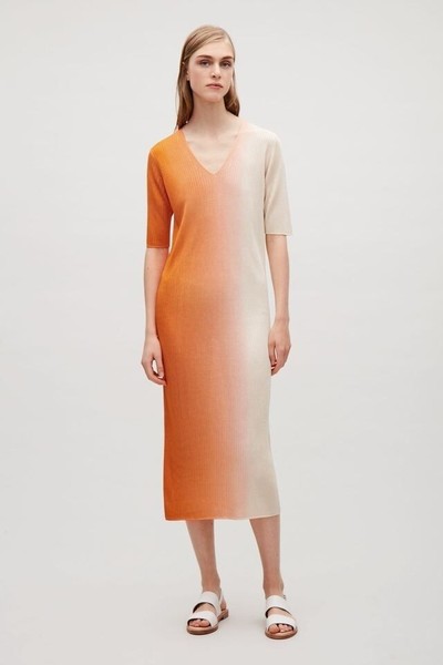 COS Rib Knit dress size medium orange cream ombre v neck short sleeve midi
