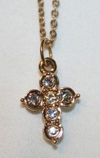 Dainty Small Pave Rhinestone Child's Goldtone Cross Pendant Necklace