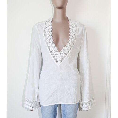 Vintage Guess Boho White Cotton V Neck Lace Bikini Cover Up Blouse Size Small
