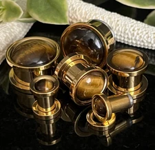 PAIR Tiger Eye Stone Dome Gold Steel Screw Fit Tunnels Gauge Plugs Body Jewelry