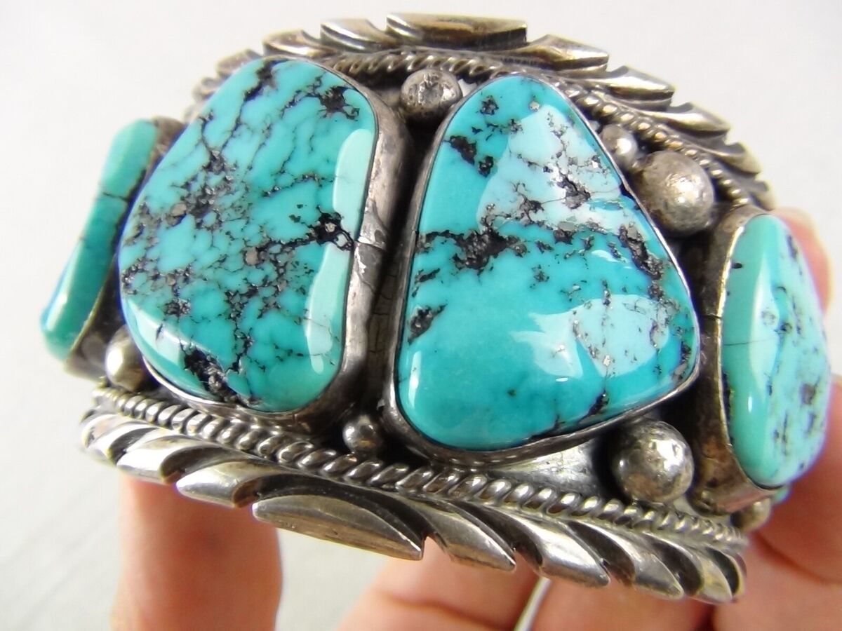 Enormous Native American Navajo 8 Turquoise Sterling Silver Bracelet Enormous Native American Navajo 8 Turquoise Sterling Silver Bracelet