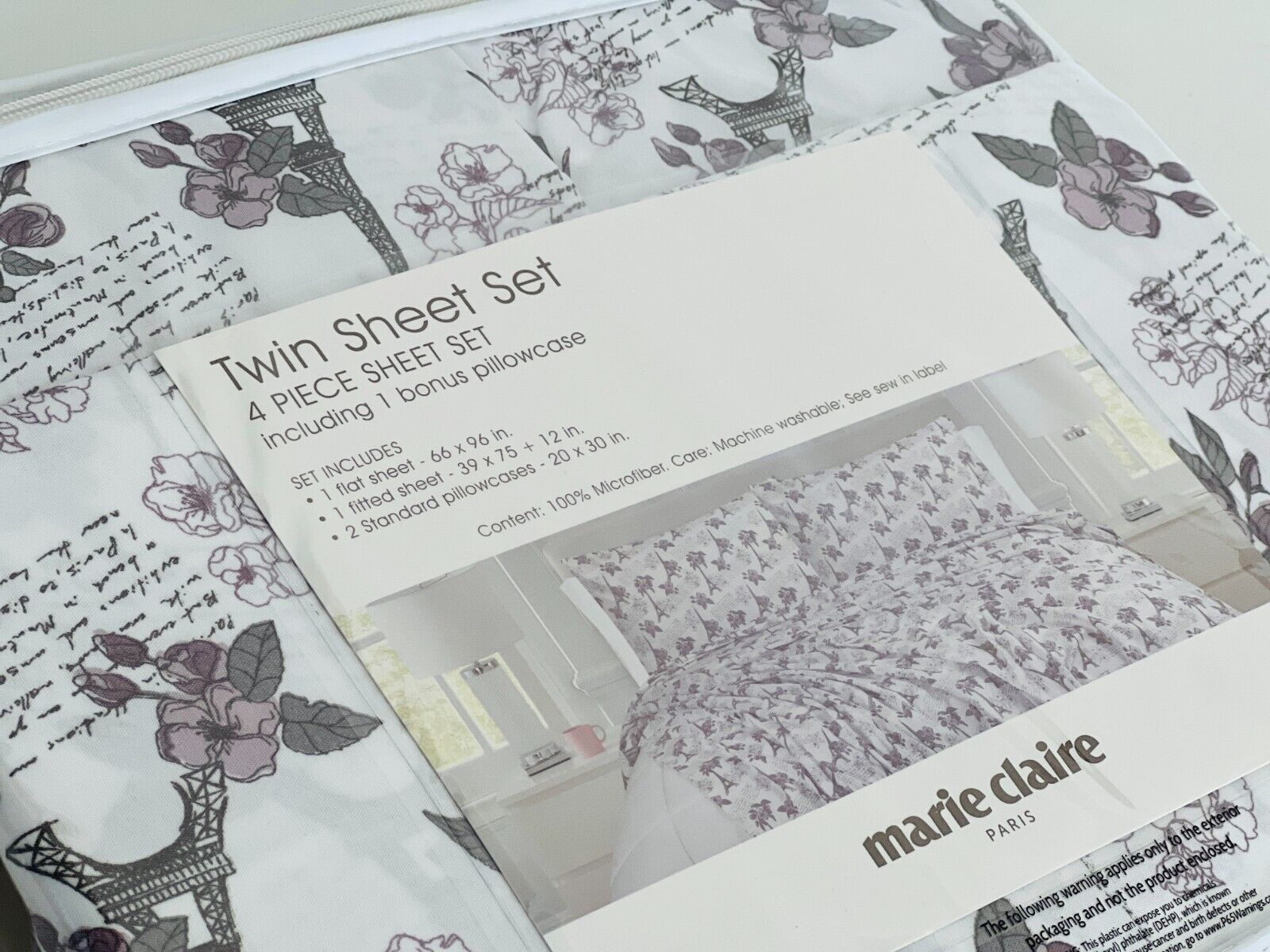 MARIE CLAIRE PARIS ULTRA SOFT WRINKLE RESISTANT 4-PC PRINTED TWIN SHEET SET  SALE