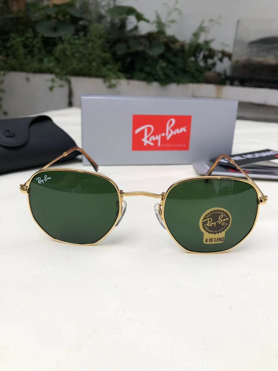 Ray-Ban Sunglasses RB3548N Hexagonal Flat Gold Frame Green 