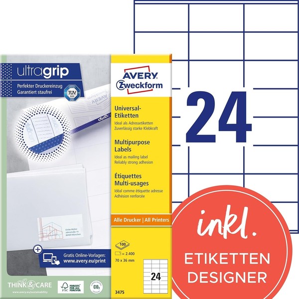 Avery Zweckform 3475 Adressaufkleber (2.400 Klebeetiketten, 70X36Mm Auf A4, Papi-image