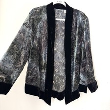 Chico's Silk Blend Floral Burnout Velvet Open Kimono Jacket Sz Large Gray Gypsy