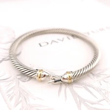 David Yurman Sterling Silver 925 5mm Cable Buckle 18k Gold Cuff Bracelet