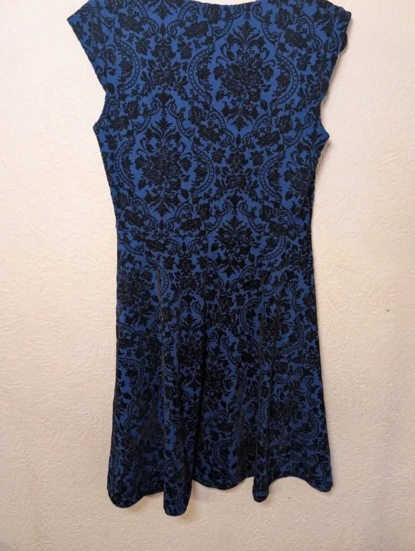 Joe Browns Blue Black Velvet Flock Damask Fit Flare Dress UK 12 Gothic Party image 6