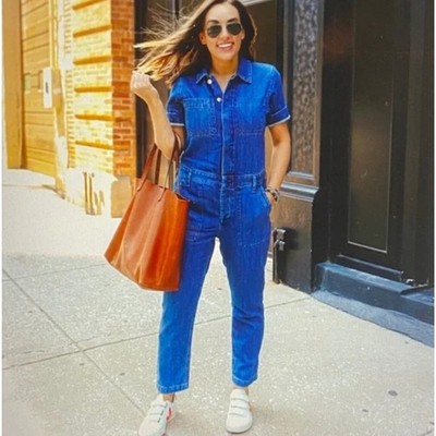 EVERLANE The Super Soft Short Sleeve Denim Coverall Jumpsuit Sz 0 {2C35}
