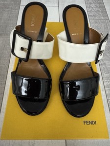 Fendi Black and White Patent Leather Open Toe Platform Wedges Size 8-8.5