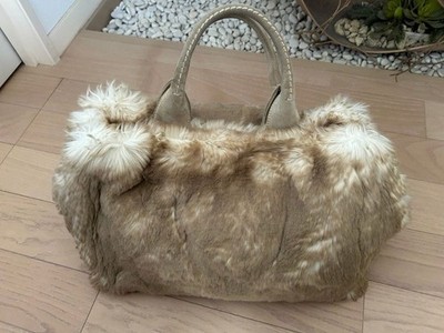 【新品未使用】PRADA CANAPA MELAN ベージュ/ネイビー✨希少✨ Prada Canapa Fur Ecolapin Handbag Tote Bag Beige BN1918 Used | eBay