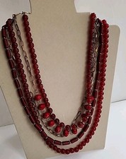 Vintage 5-strand Ruby Red Glass Bead  Gold Tone Chain Necklace READ