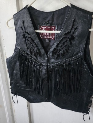 Vtg Leather Club Vest Fringe Biker Lace Up Women's XL design Cut Out Western Blk