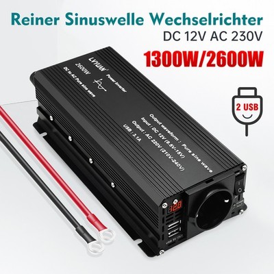 1300W 2600W 12V/230V Reiner Sinuswelle Wechselrichter Spannungswandler schwarz