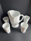 Vtg White Milk Glass Pitcher & 4 Glasses Indiana Colony Harvest Grape Pattern