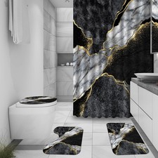 4 Pcs Marble Shower Curtain Sets, Gold Cracked Lines Crystal Geode Black Grey...