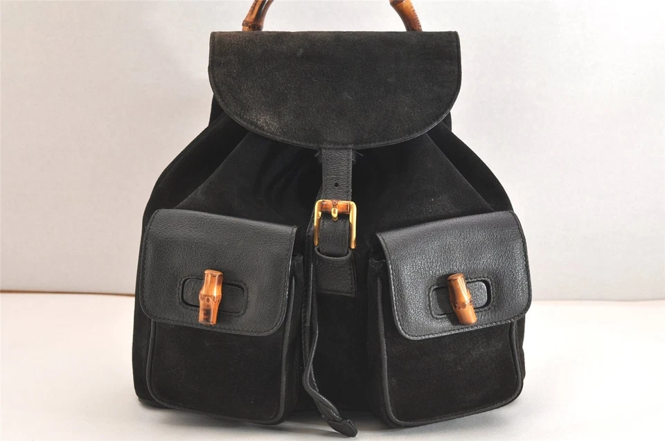 Auténtica Mochila GUCCI Bambú Vintage con Cordón Gamuza Cuero Negra 4056N Foto 2 de 4