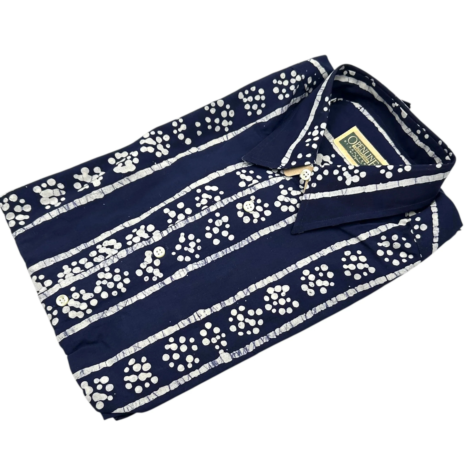 Autentica camicia manica corta Openline anni 90 vintage uomo blu navy stampa batik taglia 3...
