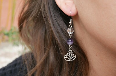 Amethyst Rock Crystal Clear Quartz Earrings Lotus Flower