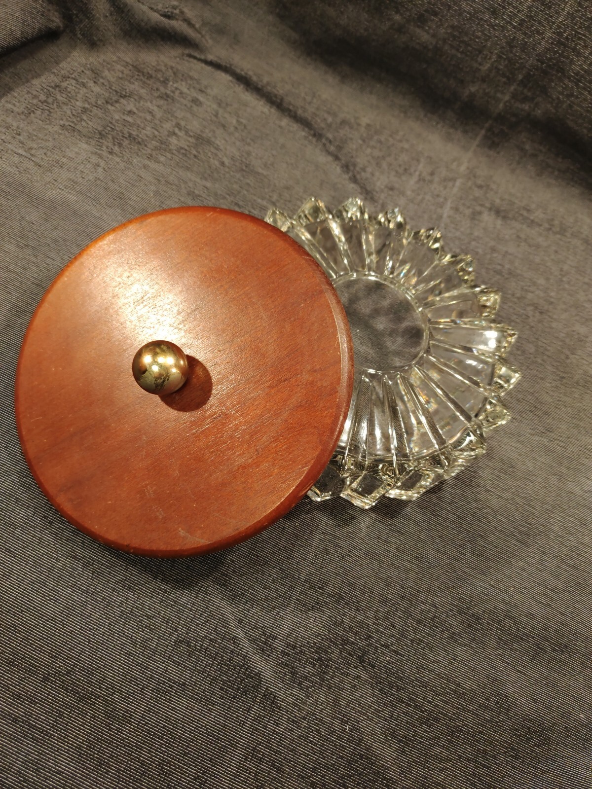 MCM Candy Dish Large Lead Crystal Heavy Wood Lid Brass Knob Stunning Centerpiece