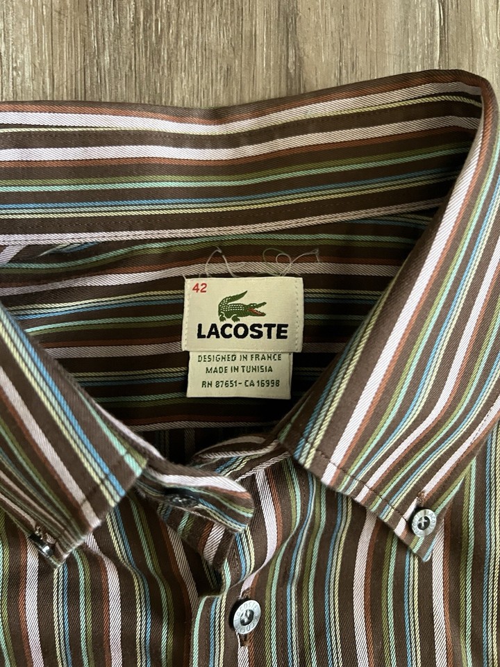 Mens LACOSTE Brown Striped Dress Shirt Button Up Long Sleeve Logo Size