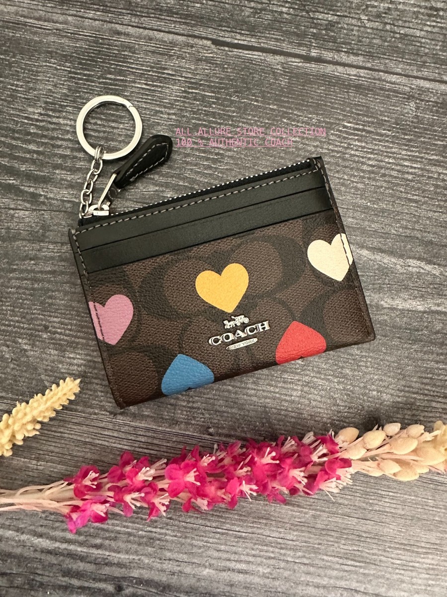Coach Mini Skinny Id Case Signature Canvas Heart Print -Brown