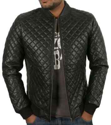 Gesteppt Herren Schwarz Lederjacke Weiches Lammleder Bomber Biker Slim Fit Jacke